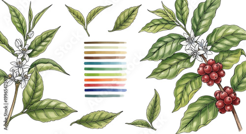 Coffee and tea leaves illustration with color palette and ripe berries on branches