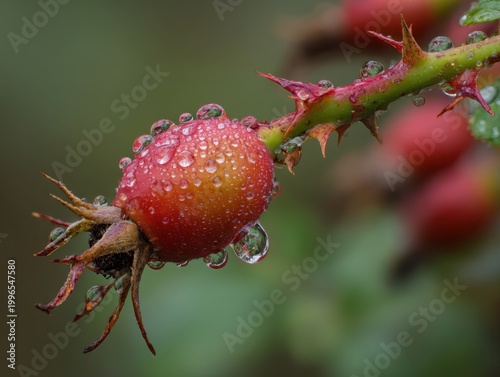 Macro shot of a bright red rosehip covered in water droplets on a thorny green stem with blurred red berries in the background
