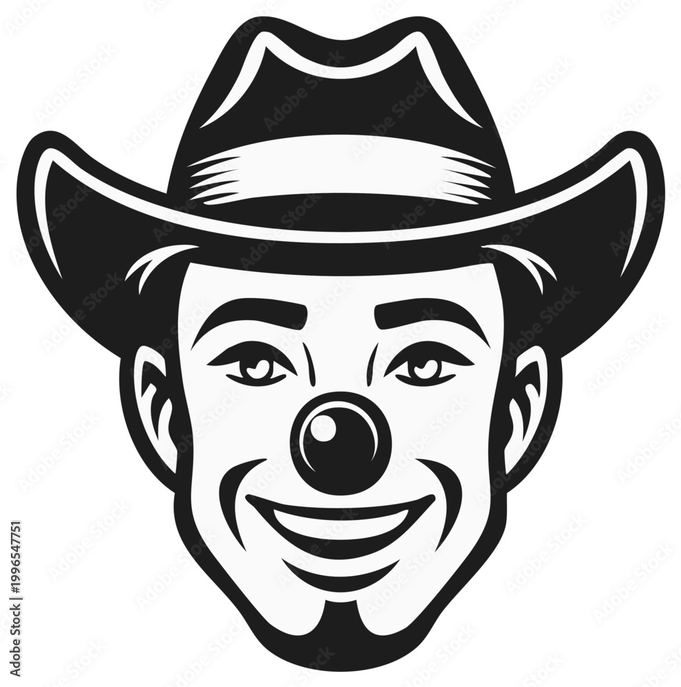 Fototapeta premium Smiling clown face wearing a cowboy hat in black and white illustration