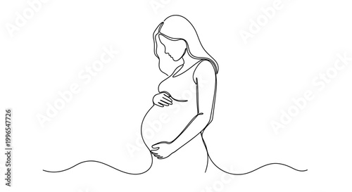 A minimalist, elegant continuous line drawing depicting a pregnant woman cradling her belly with a gentle expression of love and anticipation
