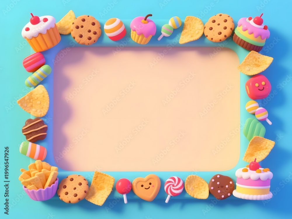 Fototapeta premium Fun Cartoon Snack and Dessert Frame Border Background Colorful