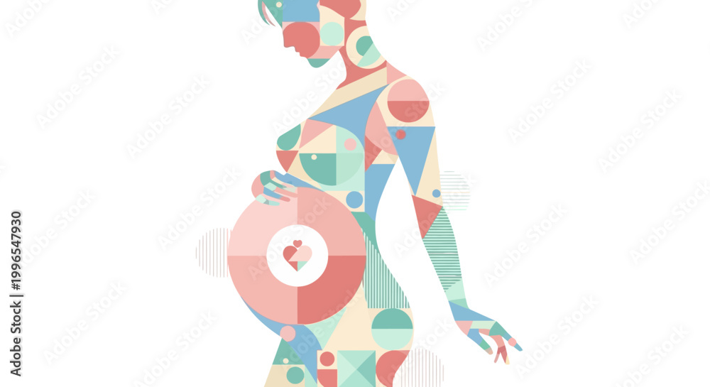 Fototapeta premium Geometric Silhouette of a Pregnant Woman with a Heart Symbol on Her Belly - A Representation of Life and Love
