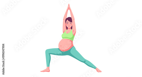 Pregnant woman practicing warrior II yoga pose with arms extended overhead, promoting health and wellness during pregnancy