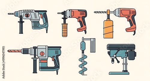 Illustration showcases a collection of diverse power tools, drills, and related equipment, all in a stylized, cartoonish aesthetic