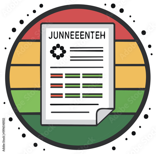 Juneteenth holiday document illustration on a striped red yellow and green circular emblem