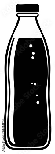 Black and white vector illustration of a bottle of soda with bubbles