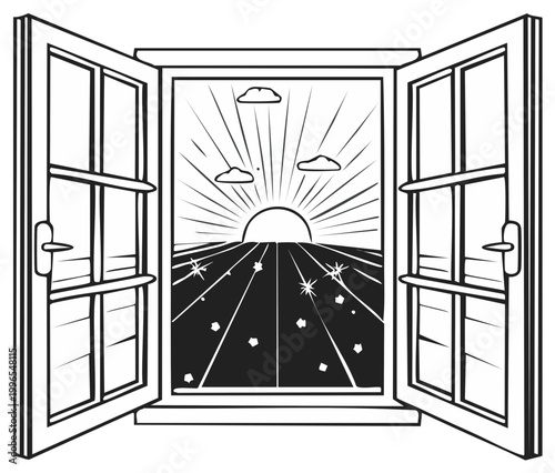 Open Window View of Sunrise over Field with Clouds and Stars Line Art Drawing
