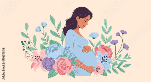 Beautiful illustration of a pregnant woman holding her belly, surrounded by an elegant array of delicate blooming flowers and natural foliage, symbolizing new life and maternal love
