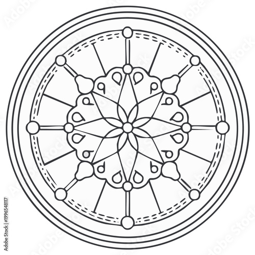 Intricate Circular Mandala Design with Geometric and Floral Elements Black and White Outline