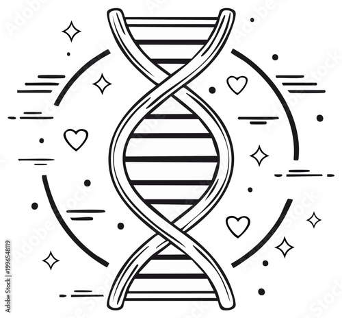 DNA strand icon illustration encircled with hearts, stars and lines in black and white