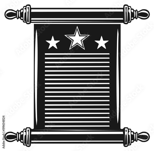 Antique scroll document with stars and text in black and white vector art