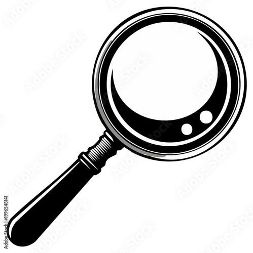 Magnifying glass illustration. Vintage optics tool for observation and research, black and white design.