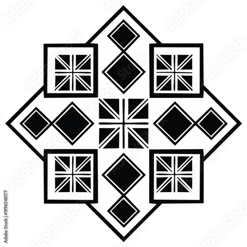 Geometric black and white design with repeating shapes and Union Jack elements