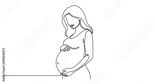 A delicate continuous line drawing captures the tender moment of a pregnant woman cradling her expectant belly with a gentle touch