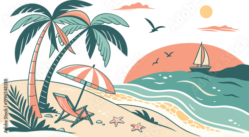 Tropical island beach with palm trees vector illustration of summer paradise coastline and ocean waves