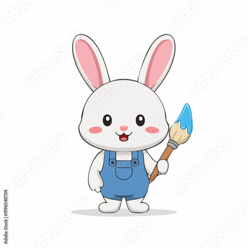 Cute cartoon bunny artist in overalls holding a paintbrush with blue paint