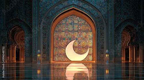 3d mosque with glowing crescent moon inside mosaic window night sky
