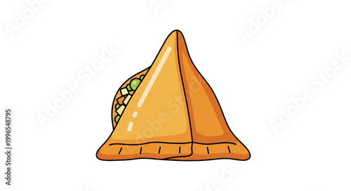 Single Indian Samosa Illustration, Crispy Golden Triangular Fried Pastry Snack with Vegetable Filling Isolated on White Background