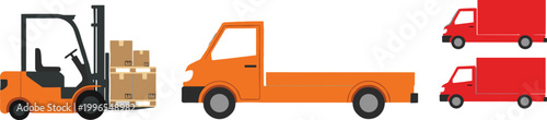 Logistics Transport Illustration Featuring Forklift Loading Cargo Pallets Flatbed Truck and Delivery Vans for Shipping Distribution and Supply Chain Concept