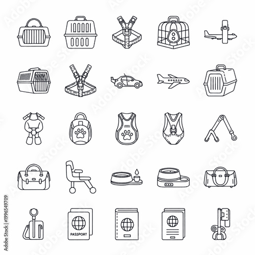 Collection of line art icons representing pet travel accessories and essentials for journeys.