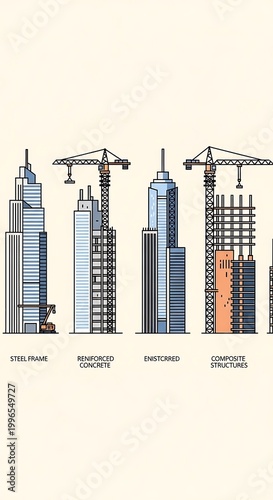 Illustration showcases a construction progress of several skyscrapers. Each building displays different stages