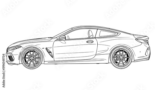 Detailed executive sports car outline vector side view luxury sedan line art clean isolated illustration