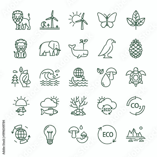 Collection of eco-friendly and nature-themed icons representing environmental concepts and wildlife.