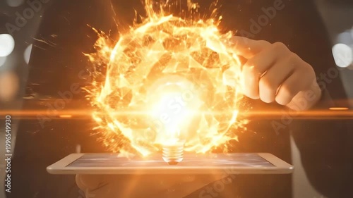 A glowing incandescent light bulb ignites a fiery energy sphere, held above a tablet by a person's hand, symbolizing innovation and bright ideas.