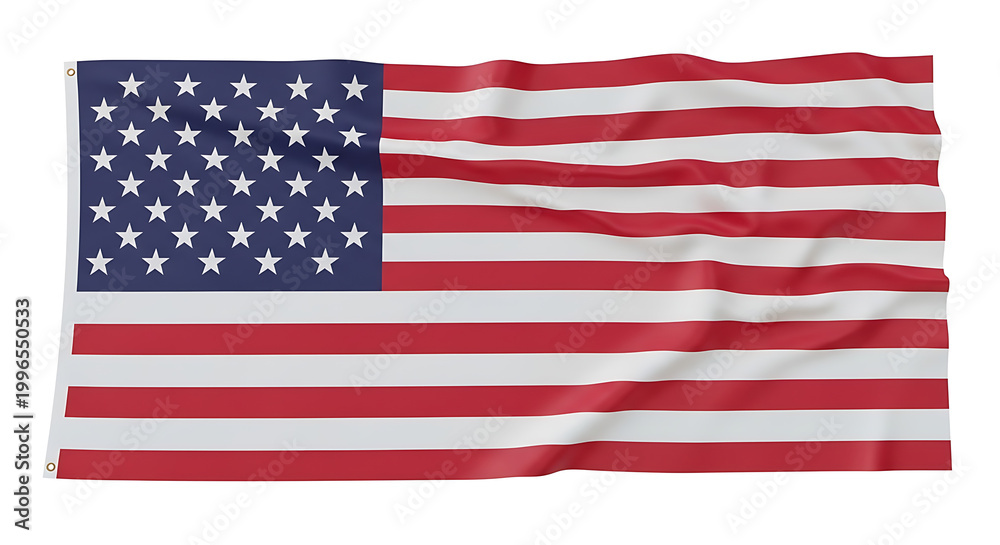 Fototapeta premium Waving American Flag on White Background, Stars and Stripes Blowing in the Wind