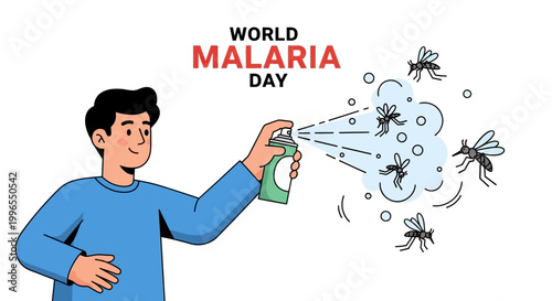 A man spraying insecticide against a swarm of mosquitoes for malaria prevention in a vector illustration, with a focus on healthcare and global awareness against a clean white background