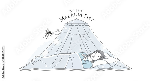 A delicate vector drawing illustrates World Malaria Day, depicting a sleeping person protected by a mosquito net, emphasizing malaria prevention in a global health campaign