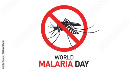 A stylized vector illustration for World Malaria Day depicts a mosquito inside a red prohibition sign, symbolizing malaria prevention and disease awareness against a clean white background