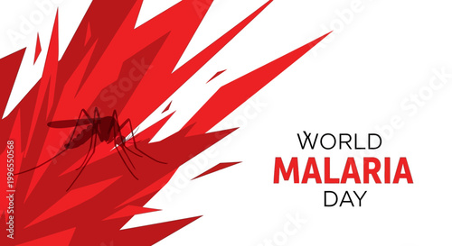 Illustrated graphic for World Malaria Day displaying a mosquito silhouette against a dynamic red burst, symbolizing disease transmission awareness and healthcare campaigns with global