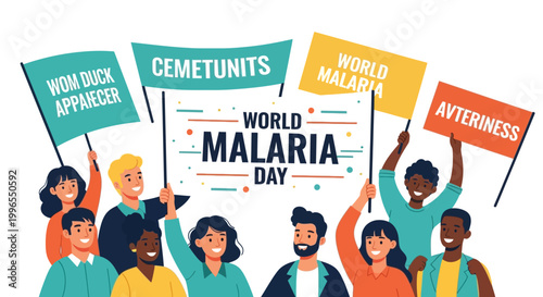 Diverse group of people holding signs with various words and a "World Malaria Day" banner, in a colorful vector illustration against a white background, promoting malaria awareness