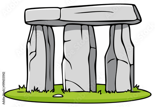 Stylized ancient stone monument with massive upright and horizontal megaliths on grassy ground