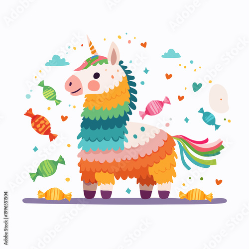 Colorful Unicorn Pinata with Candies and Confetti