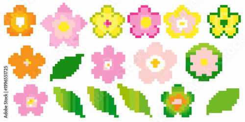 pixel art flowers and leaves in vibrant colors