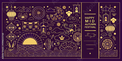 mid autumn festival banner with golden illustrations on purple background