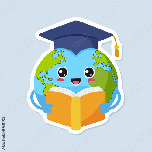 Cute Earth Character Wearing Graduation Cap Reading a Book