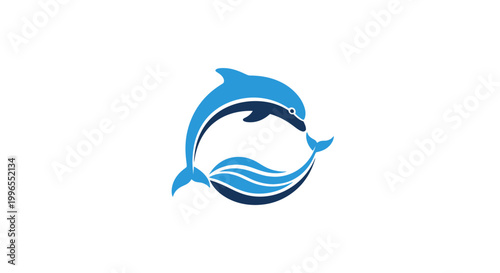 Dolphin swimming in blue waves.