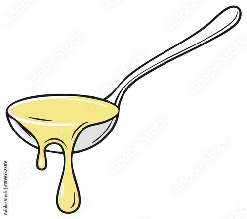 Liquid dripping from a metal spoon, illustrating viscosity and fluid dynamics
