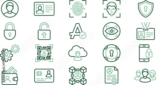 A comprehensive set of modern line icons representing digital identity, security, and authentication concepts.