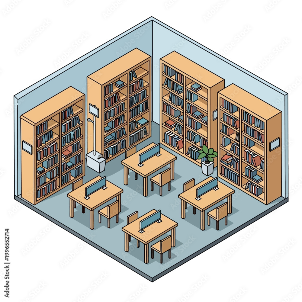 Obraz premium Study room with bookshelves and desks.