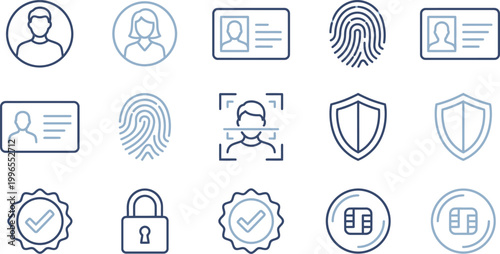 Collection of diverse security and identity verification icons including fingerprint, ID cards, and face recognition.