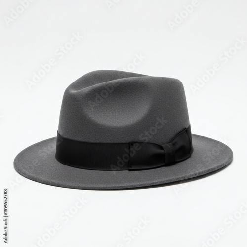 A stylish gray fedora hat with a black ribbon on a white background