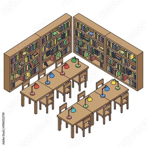 Study tables with colorful lamps.