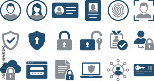 Detailed set of digital blue and gray icons representing user identity security and secure web system access