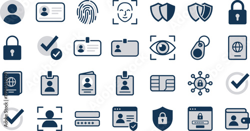 A comprehensive collection of digital security, identity, and authentication vector icons for data protection.