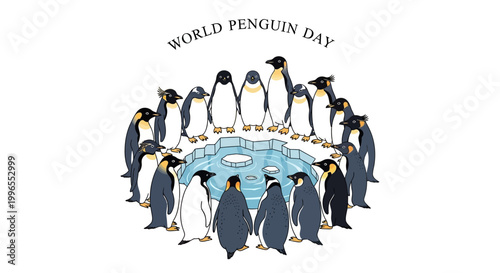 A vector illustration design celebrates World Penguin Day, showing a circle of various penguin species gathered around a melting ice floe against a white background, promoting wildlife
