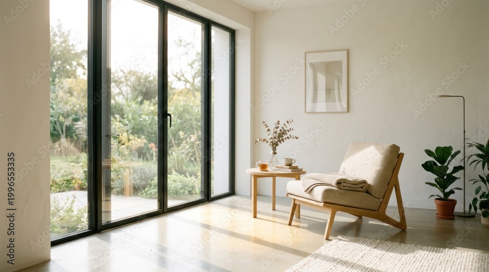 Fototapeta premium A serene living room with a large window overlooking a garden, featuring a wooden armchair, a potted plant, and a framed picture on the wall.